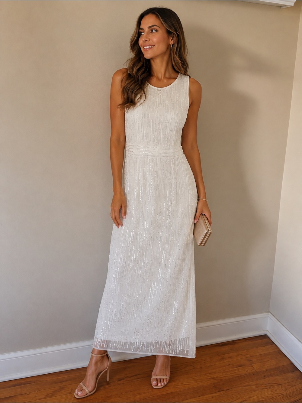Mac Duggal Ivory Beaded Sleeveless Maxi Dress